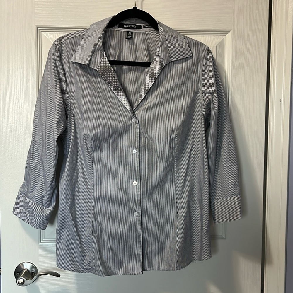 Women's Ellen Tracy Button-Down Blouse Office Shirt 3/4 Sleeve Striped Business